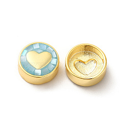 Rack Plating Brass Enamel Beads, with Shell Chips, Long-lasting Plated, Cadmium Free & Lead Free, Flat Round with Heart, Golden, Aqua, 11x4.5mm, Hole: 1.8mm(ENAM-D044-02G-04)