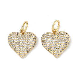 Brass Micro Pave Cubic Zirconia Pendant, with Jump Rings, Heart, Real 18K Gold Plated, 16x15x4.5mm(KK-H477-3G)