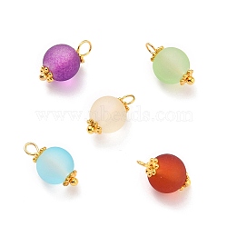 Transparent Frosted Glass Pendants, with Alloy Flower Daisy Spacer Beads and Brass Pin, Round, Golden, Mixed Color, 14x8mm, Hole: 2mm(PALLOY-JF00518)