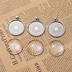 DIY Pendant Making, Tibetan Style Alloy Pendant Cabochon Settings and Transparent Glass Cabochons, Flat Round, Antique Silver, Tray: 30mm, 41.5x33x2mm, Hole: 6x4mm, 29.5~30x7mm, 2pcs/set(DIY-X0098-50AS)