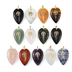 Natural & Synthetic Mixed Gemstone Pendants, Heart Charms with 304 Stainless Steel Tree of Life and Brass Micro Pave Clear Cubic Zirconia Clasps, Golden, 38x25x10mm, Hole: 6.5x7mm(G-G470-01G)
