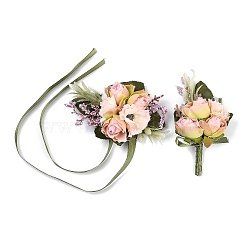 2Pcs 2 Style Silk Imitation Rose Corsage Boutonniere, with Silk Cloth Imitation Rose Wrist Corsages, for Wedding, Party Decorations, Hot Pink, 109~130x66~80x32~39mm, 1pc/style(AJEW-CP0001-60)