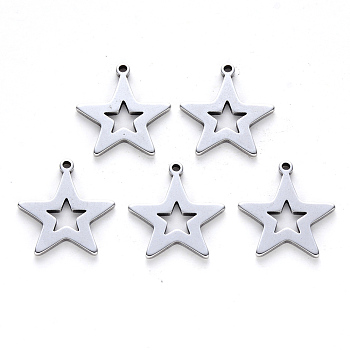 201 Stainless Steel Pendants, Laser Cut, Star, Stainless Steel Color, 16.5x15x1mm, Hole: 1.2mm