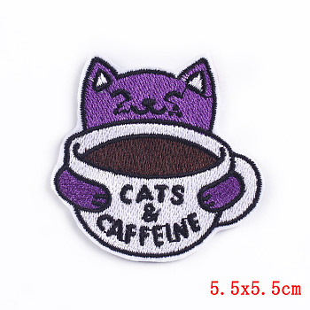 Cat Theme Computerized Embroidery Cloth Iron on/Sew on Patches, Costume Accessories, Dark Violet, 55x55mm