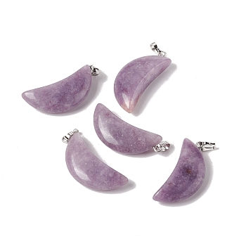 Natural Lilac Jade Pendants, with Platinum Tone Brass Findings, Moon Charm, 33x15x8mm, Hole: 6x3.2mm