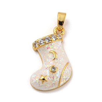 Christmas Brass Micro Pave Cubic Zirconia Pendant, with Synthetic Opal, Christmas Stocking, Snow, 19x16.5x4.5mm, Hole: 5x3mm