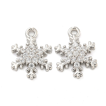 Brass Micro Pave Clear Cubic Zirconia Pendants, Snowflake, Platinum, 14.5x10.5x3mm, Hole: 1.4mm