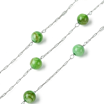 Natural Shell Pearl Beads,Dyed with 304 Stainless Steel Chains, Soldered, with Spool, Green, 5mm