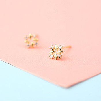 Brass Micro Pave Clear Cubic Zirconia Stud Earrings, Golden, Flower, 6mm