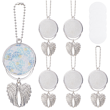 5Pcs Heat Transfer Sublimation Blank Round Pendant Decorations, Alloy Angel Wings Car Decoration, Platinum, 145mm