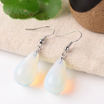 Opalite Teardrop Dangle Earrings, with Platinum Plated Brass Findings, 43mm, Pin: 0.7mm