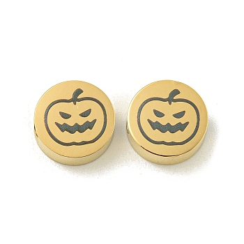 Halloween 304 Stainless Steel Beads, Real 18K Gold Plated, Flat Round, Pumpkin, 8x3mm, Hole: 2mm