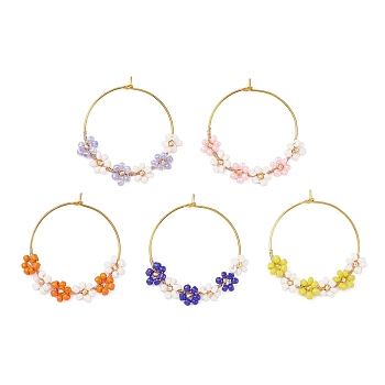 Brass Wine Glass Charms, with Glass Seed Beads, Flower, Mixed Color, 33.5mm