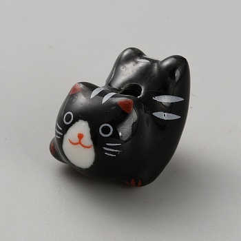 Bright Glazed Porcelain Beads, Cute Cat Shape, Black, 17.5x15.5x20mm, Hole: 2mm