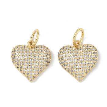 Brass Micro Pave Cubic Zirconia Pendant, with Jump Rings, Heart, Real 18K Gold Plated, 16x15x4.5mm