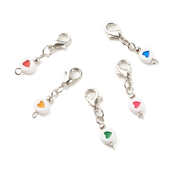 Acrylic Pendants Decoration, with Zinc Alloy Lobster Claw Clasps and Iron Findings, Flat Round with Heart, Mixed Color, 30mm