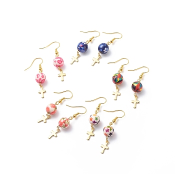 Resin Round Bead with Cross Dangle Earrings, Gold Plated Brass Jewelry for Women, Mixed Color, 45mm, Pin: 0.8mm