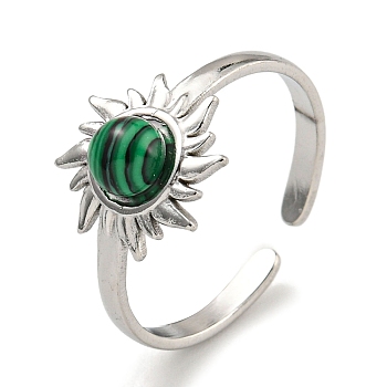 304 Stainless Steel Synthetic Malachite Cuff Rings, Sun Open Rings for Women, Stainless Steel Color, Adjustable