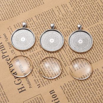 DIY Pendant Making, Tibetan Style Alloy Pendant Cabochon Settings and Transparent Glass Cabochons, Flat Round, Antique Silver, Tray: 30mm, 41.5x33x2mm, Hole: 6x4mm, 29.5~30x7mm, 2pcs/set