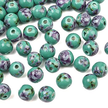 Printed Handmade Porcelain Beads, Round, Turquoise, 10mm, Hole: 2mm