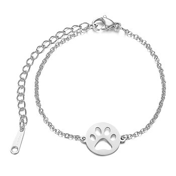 201 Stainless Steel Link Bracelets, with Cable Chains and Lobster Claw Clasps, Flat Round with Dog Paw Prints, Stainless Steel Color, 6-1/8 inch~6-7/8 inch(15.5~17.5cm), 1.5mm
