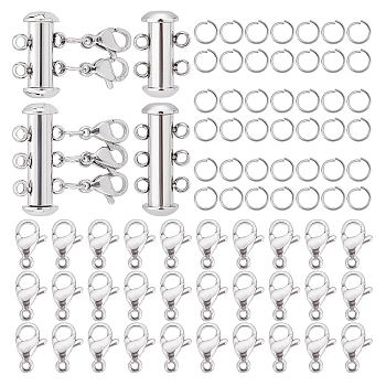 DIY Jewelry Making Finding Kits, Including 4 Sets 304 Stainless Steel Slide Lock Clasps & 30Pcs Lobster Claw Clasps & 50Pcs Open Jump Rings, Stainless Steel Color