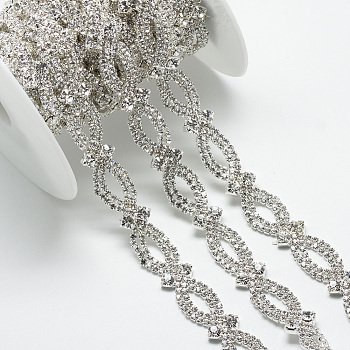 Wedding Dress Decorative Brass Rhinestone Chains, with Spool, Rhinestone Cup Chain, Silver Color Plated, 14x4.5mm, about 5yards/roll