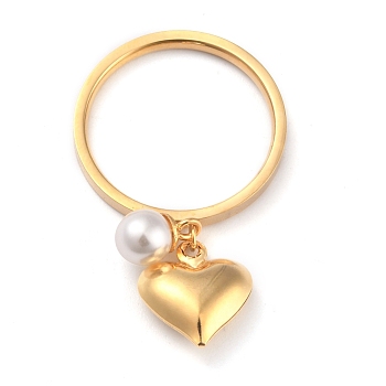 Dual-use Items, 304 Stainless Steel Finger Rings or Pendants, with Plastic Round Beads, Heart, White, Golden, US Size 7(17.3mm)