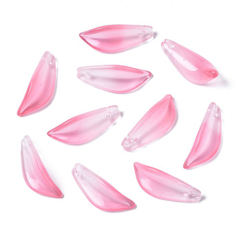 Transparent Spray Painted Glass Pendants, Imitation Jade Pendants, Two Tone, Leaf, Hot Pink, 21.5x8x5mm, Hole: 1.2mm