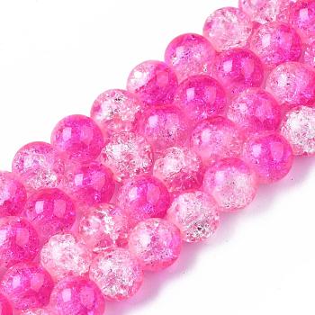 Baking Painted Crackle Glass Bead Strands, Two Tone, Round, Hot Pink, 8mm, Hole: 1.3~1.6mm, about 100pcs/strand, 31.4 inch