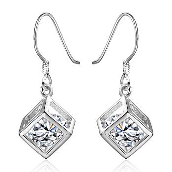 Elegant Fashion Cube Brass Cubic Zirconia Dangle Earrings, Clear, Silver Color Plated, 30x11mm