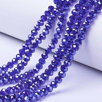 Electroplate Glass Beads Strands, Pearl Luster Plated, Faceted, Rondelle, Medium Blue, 2.5x2mm, Hole: 0.4mm, about 150~155pcs/strand, 32~33cm