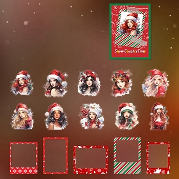 15Pcs PET Self-Adhesive Stickers, Christmas Figure, Red, 55~75x38~67x0.1mm, pack: 115x85mx2.5m, 15pcs/set