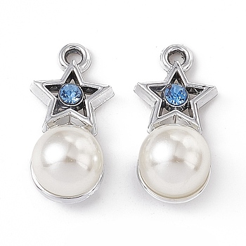 Alloy Rhinestone Pendants, with ABS Plastic Imitation Pearl Beads, Star with Round Charm, Platinum, 19x9x8mm, Hole: 1.4mm
