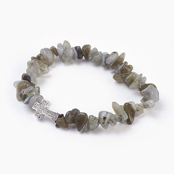 Natural Labradorite Beads Stretch Bracelets, with Brass Micro Pave Cubic Zirconia Beads, Chip and Cross, Platinum, 2-1/8 inch(5.3cm)~2-1/8 inch(5.5cm)