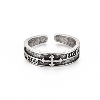 Word Peace Love Open Cuff Ring, Tibetan Style Alloy Cross Ring for Men Women, Cadmium Free & Lead Free, Antique Silver, US Size 8 1/2(18.5mm)