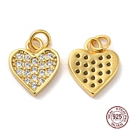 925 Sterling Silver Micro Pave Cubic Zirconia Charms, Heart Charm, with Jump Ring, Real 18K Gold Plated, 10x8x1.5mm, Hole: 2.3mm(STER-I010-41G)
