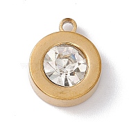 304 Stainless Steel Pendants, with Crystal Rhinestone, Flat Round, Golden, 12.5x10x5mm, Hole: 1mm(STAS-P310-19G)