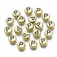 Plating Acrylic Beads, Horizontal Hole, Flat Round with Letter, Golden Plated, Black, Letter.P, 7x4mm, Hole: 1.2mm.(X-PACR-CD0001-P)