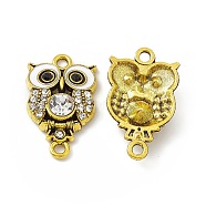 Alloy Rhinestone Connector Charms, Owl Charms, with Enamel, Antique Golden, White, 25x15x4.5mm, Hole: 2mm(FIND-C019-10AG-01)