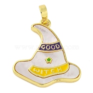 Halloween Theme Brass Enamel Pendants, with Pave Shell, Long-Lasting Plated, Real 18K Gold Plated, Witch Hat, 24x22x3mm, Hole: 3.5x6mm(KK-S401-04G-B)