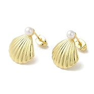 Rack Plating Brass & Round Glass Pearl Beach Shell Shaped Stud Earrings for Women, Cadmium Free & Lead Free, Long-Lasting Plated, Real 18K Gold Plated, 17.5x15mm(EJEW-P280-28G)