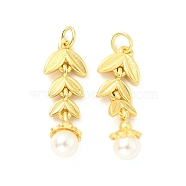 ABS Plastic Imitation Pearl Pendants, with Brass Findings and Jump Rings, Cadmium Free & Lead Free, Leaf & Round, Matte Gold Color, 30mm, Hole: 3.6mm(KK-G429-07MG)