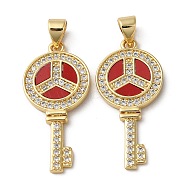 Brass Micro Pave Cubic Zirconia Pendants, with Shell, Key, Real 18K Gold Plated, 29x13.5x2mm, Hole: 4x3.5mm(KK-D057-17G)