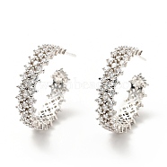 Cubic Zirconia C-Shaped Stud Earrings, Brass Half Hoop Earrings for Women, Cadmium Free & Lead Free, Platinum, 21.5x6mm, Pin: 0.7mm(EJEW-G295-03P)