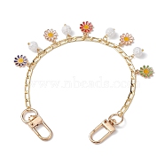 Brass Decorative Purse Chains, with Crackle Glass & Daisy Flower Alloy Enamel Pendant, Golden, 25.9cm(AJEW-BA00125)