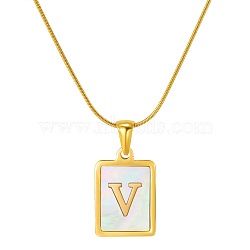 Stainless Steel Snake Bone Chain Alphabet Necklace with Shell Pendant, Letter V, Golden(WD3660-22)