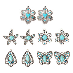 10Pcs 5 Styles Synthetic Turquoise Pendants, with Antique Silver Plated Alloy Rhinestone Findings, Mixed Shapes, 27.5~48x24.5~40.5x5.5~7mm, Hole: 1.8~2.5mm, 2pcs/style(TIBEP-TA0001-13)