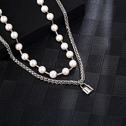 Stainless Steel Double-layer Necklace, Imitation Pearl Lock Pendant Necklaces for Unisex(TT4653)