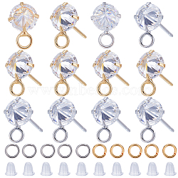 12Pcs 2 Color Brass Pave Clear Cubic Zirconia Cone Stud Earring Findings, with Horizontal Loops & 20Pcs 304 Stainless Steel Open Jump Rings & 50Pcs Plastic Ear Nuts, Real Gold Plated & Real Platinum Plated, 10x6.5mm, Hole: 2mm, 6Pcs/color(DIY-CN0002-78)